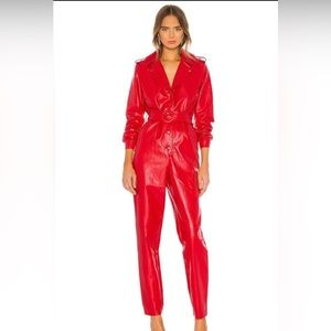 NWT - Ronny Kobo Alie Faux Leather Red Belted Jumpsuit- Size S